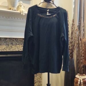 NWT NY Collection Women's 3X Top Dk  Blue Beaded Embellished Scoop Neckline